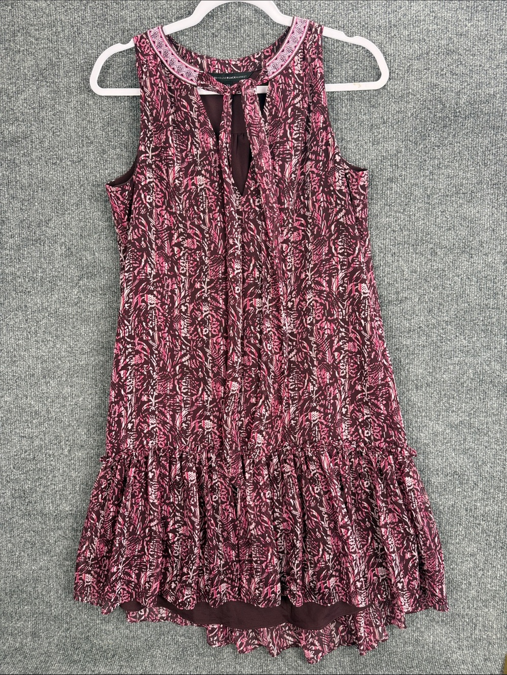 White House Black Market Burgundy and Pink Printed Tie-Neck Dress XS NWOT